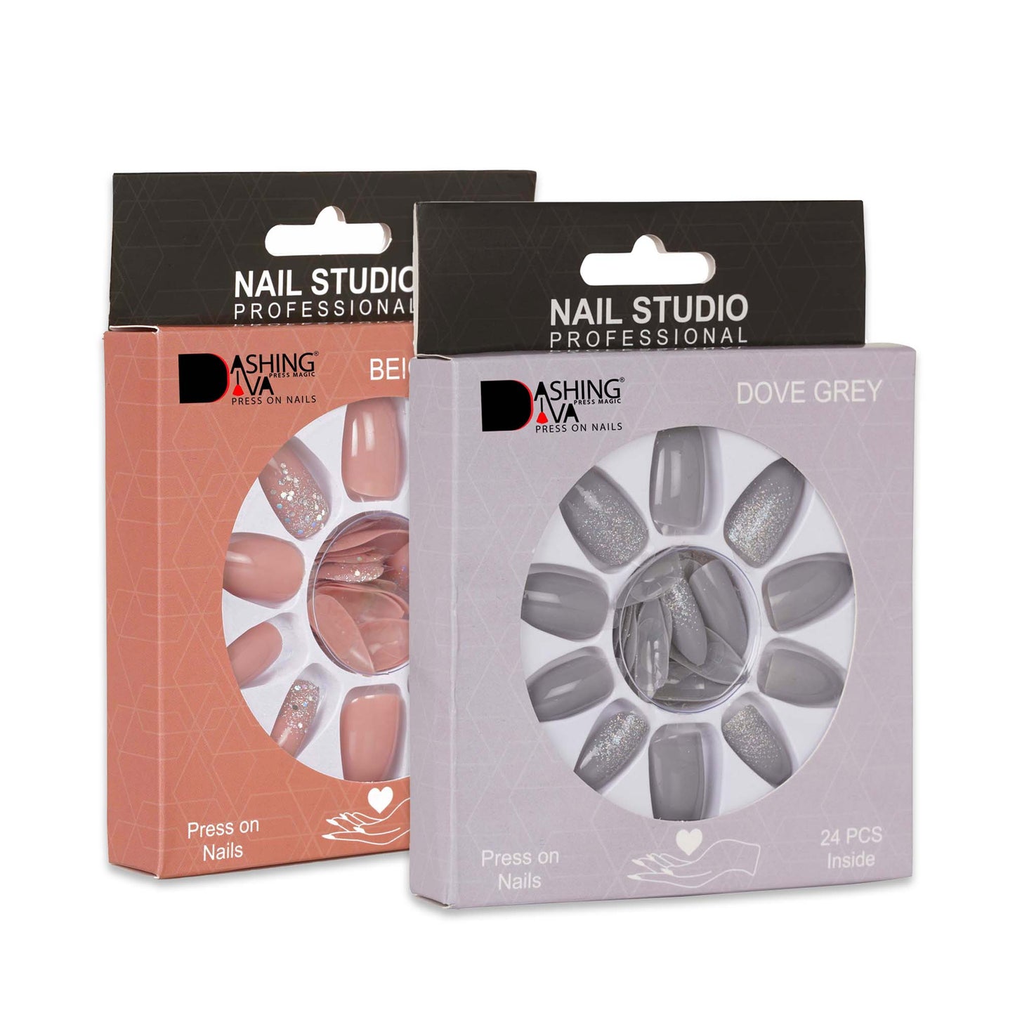 Stick On Nails | Dashing Diva Press Magic Beige Sparkles, Dove Grey Artificial Reusable False Acrylic Press on Nails With Quick Dry Nail Glue, Pack of 2