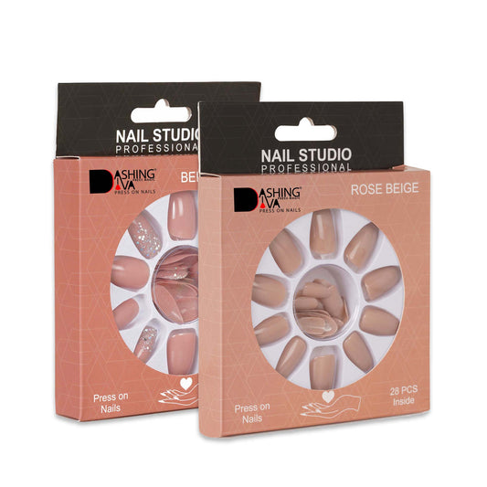 Stick On Nails | Dashing Diva Press Magic Beige Sparkles, Rose Beige Reusable False/Fake Acrylic Press on Nails With Quick Dry Nail Glue, Pack of 2