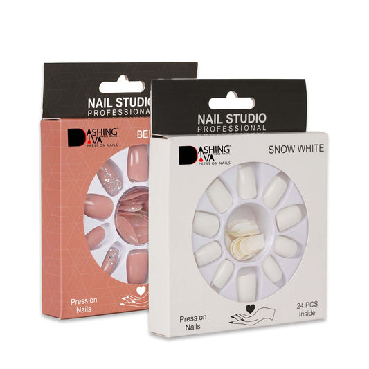 Stick On Nails | Dashing Diva Press Magic Beige Sparkles, Snow White French Manicure Nail Extension Press on Nails With Quick Dry Nail Glue, Pack of2