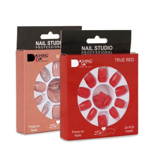Stick On Nails | Dashing Diva Press Magic Beige Sparkles, True Red Nail Art Nail Extension Acrylic Press on Nails With Quick Dry Nail Glue, Pack of 2