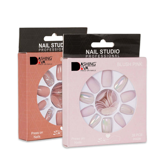Stick On Nails | Dashing Diva Press Magic Beige Sparkles, Blush Pink Acrylic Reusable Press on Nails With Quick Dry Nail Glue, Pack of 2