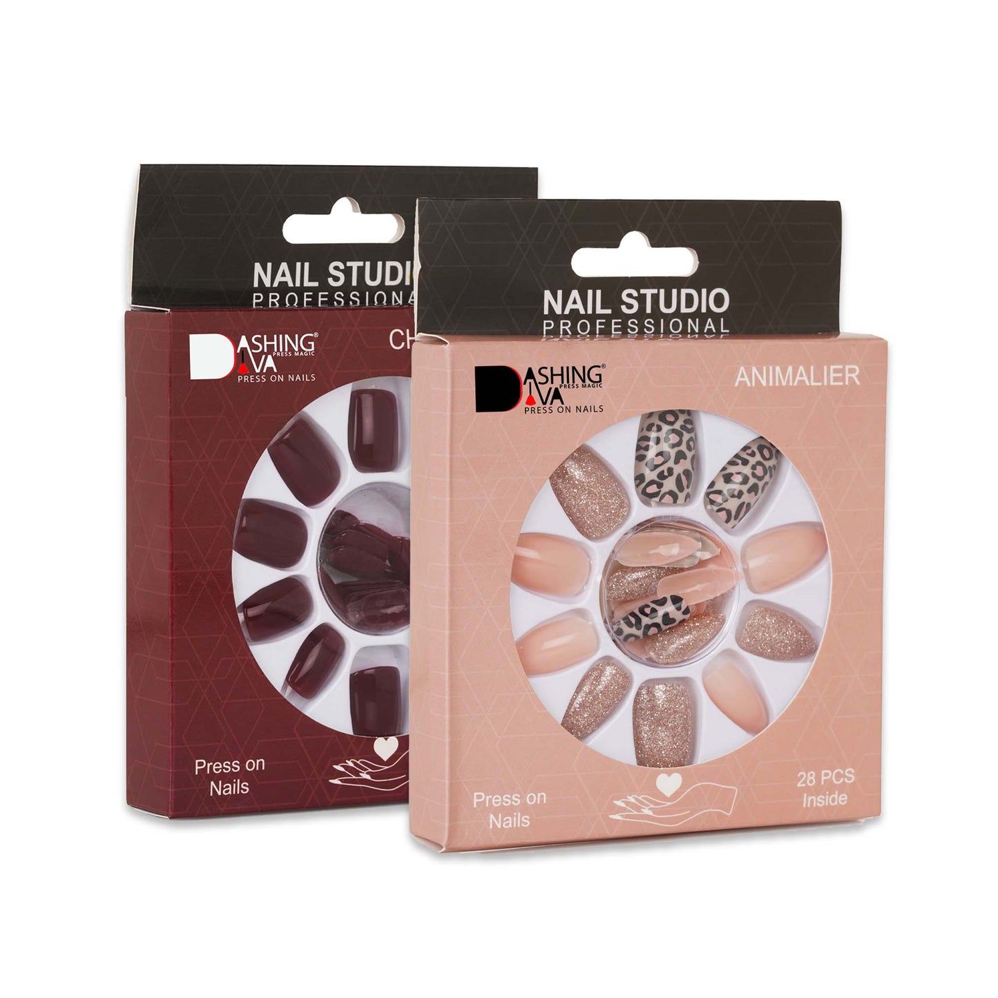 Stick On Nails | Dashing Diva Press Magic Cherry Wood, Animalier Reusable Artificial False Acrylic Press on Nails With Quick Dry Nail Glue, Pack of 2