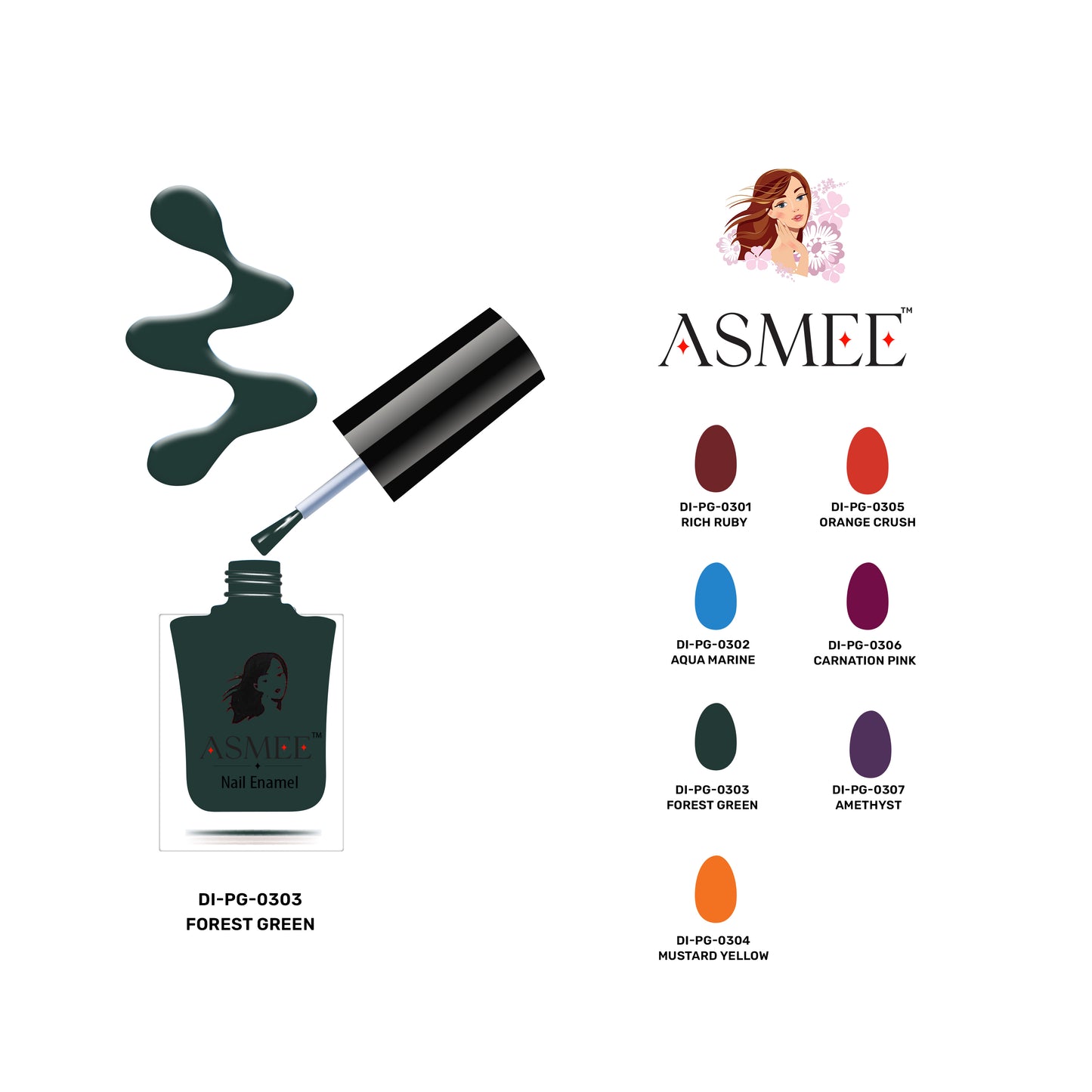 Asmee Combo of 4 Gel Nail Polish - Forest Green, Mustard Yellow, Carnation Pink, Orange Crush