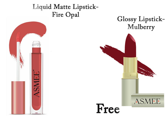 Asmee Liquid Lipstick -Fire Opal  &  Get Glossy  Lipstick-Mulberry  Free