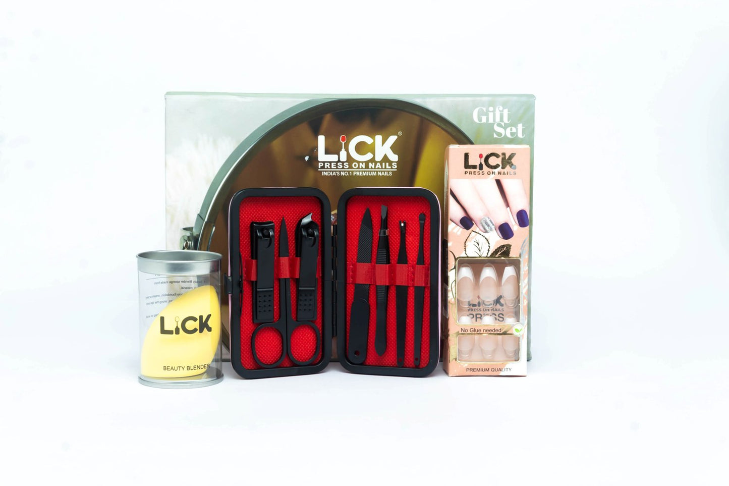 Festive Gift Box of Press on Nails, Beauty Blender & Manicure Pedicure Kit