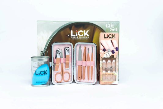 Festive Gift Box of Press on Nails, Beauty Blender & Manicure Pedicure Kit (Pink)