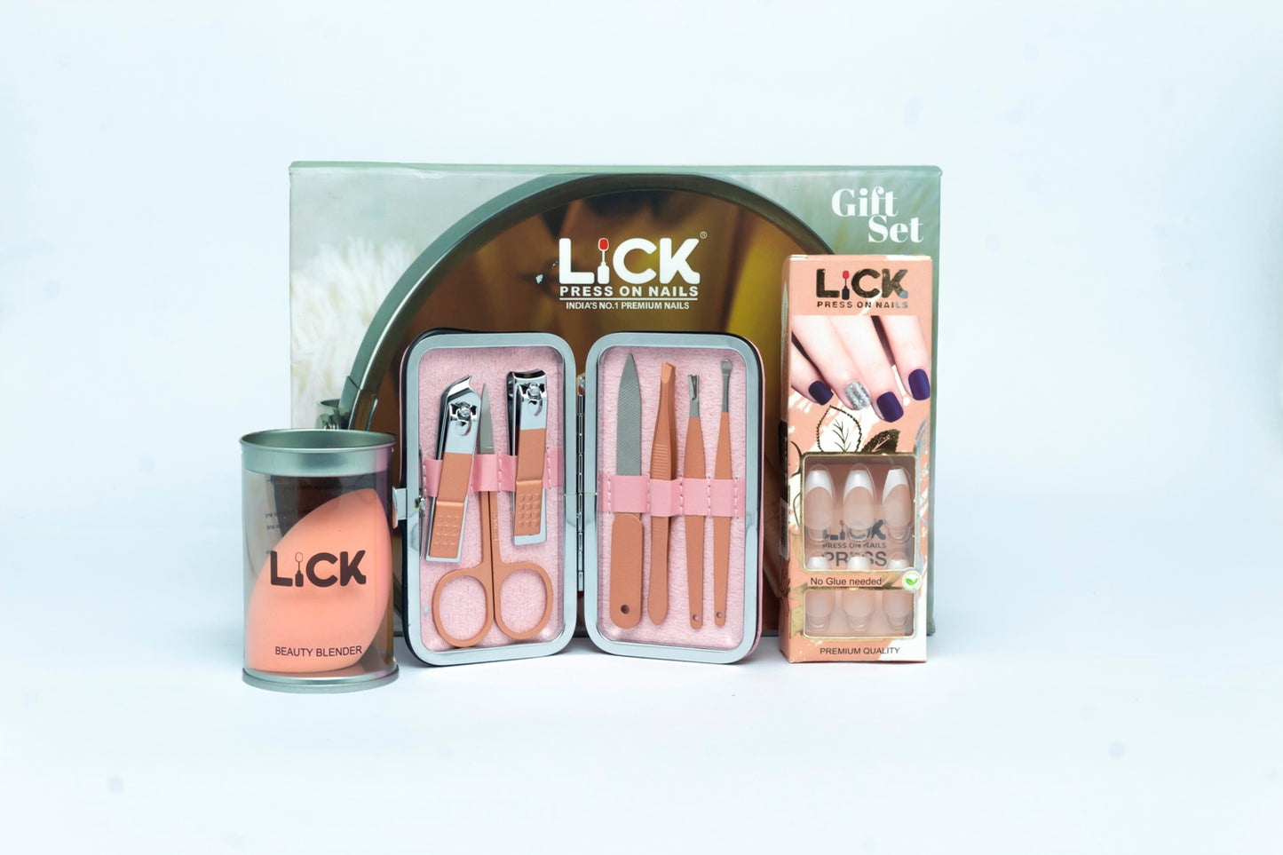 Festive Gift Box of Press on Nails, Beauty Blender & Manicure Pedicure Kit (Pink)