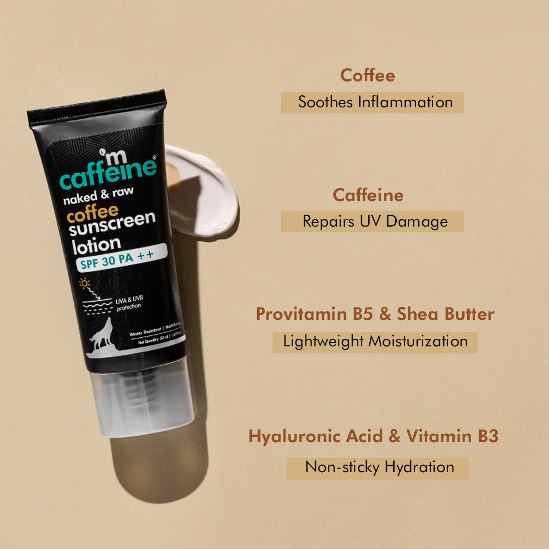 mCaffeine SPF 30 PA++ Coffee Sunscreen Lotion - Water-Resistant Matte Gel Cream with No White Cast