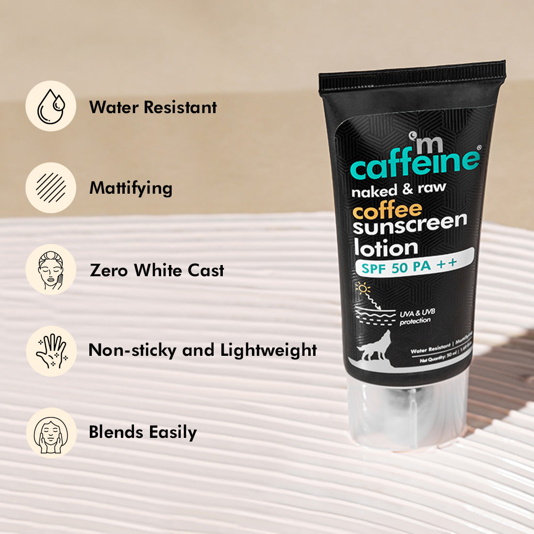 mCaffeine SPF 50 PA++ Coffee Sunscreen Lotion - Water-Resistant Matte Gel Cream with No White Cast