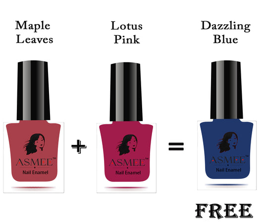 Buy 2 Premium Nail Polish ( Lotus Pink & Maple Leaves) Get 1 Classic Nail Polish ( Dazzling Blue ) Free
