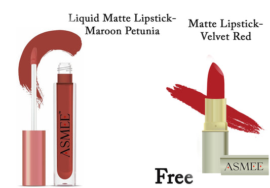 Asmee Liquid Lipstick -Maroon Petunia  &  Get Matte Lipstick- Velvet Red Free