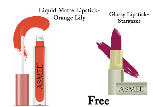 Asmee Liquid Lipstick -Orange Lily  &  Get Glossy Lipstick- Stargazer Free