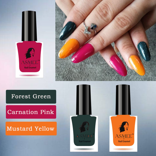 Asmee Combo of 3 Premium Gel Nail Polish - Forest Green, Carnation Pink, Mustard Yellow