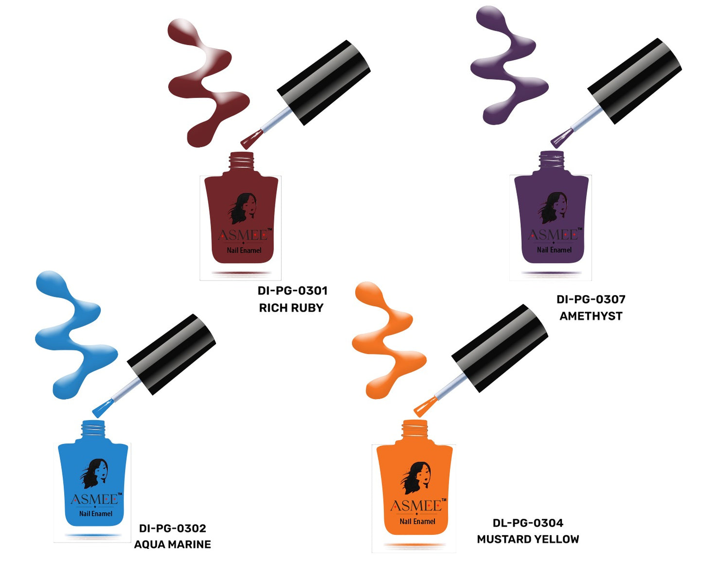 Asmee Combo of 4 Gel Nail Polish - Rich Ruby, Amethyst, Aqua Marine, Mustard Yellow