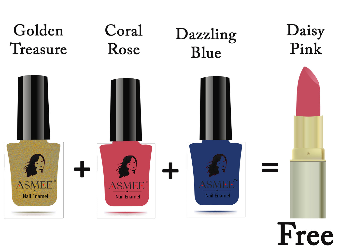 Buy  3 Classic Nail Polish ( Golden  Treasure, Coral Rose,  Dazzling Blue)  & Get 1 Glossy Lipstick ( Daisy Pink ) Free