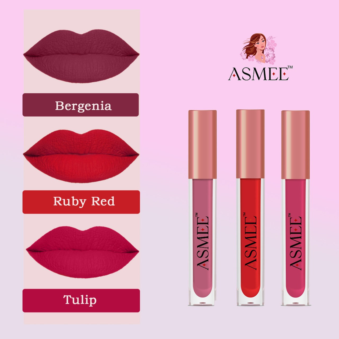 Asmee - Combo of three Liquid Matte lipstick - Bergenia, Ruby Red, Tulip